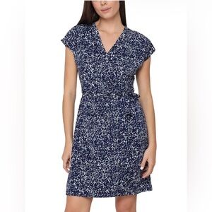 Nicole Miller Women's Faux Wrap Dress Size Large Navy & White Floral Above Knee